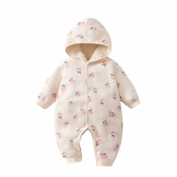 DHFJKG Infant Toddler Hooded Snowsuits Unisex Winter Clothes Fuzzy Lining Long Sleeve Print Button Down Onesie For Home Cozy One-Pieces