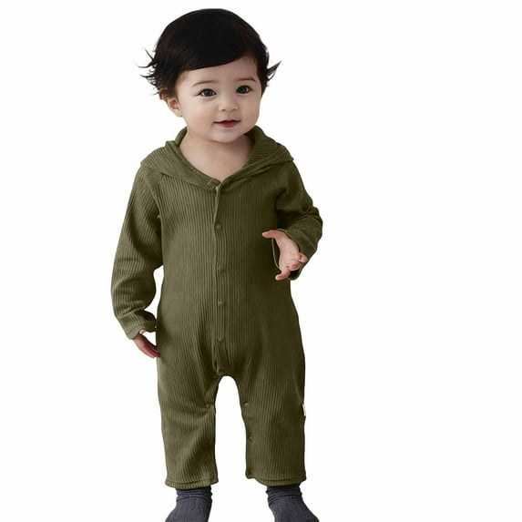 DHFJKG Infant Toddler Ribbed Hooded Jumpsuits Winter Clothes Long Sleeve Solid Color Button Down Onesie Newborn Lightweight Cozy One-Pieces