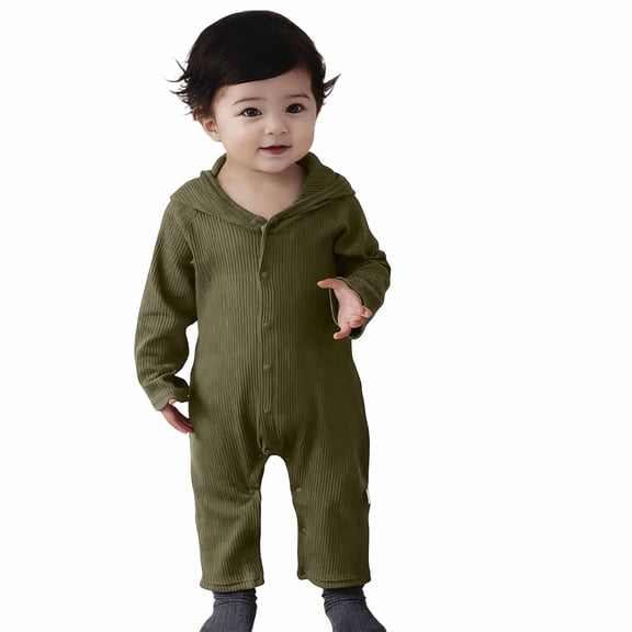 DHFJKG Infant Toddler Ribbed Hooded Jumpsuits Winter Clothes Long Sleeve Solid Color Button Down Onesie Newborn Lightweight Cozy One-Pieces