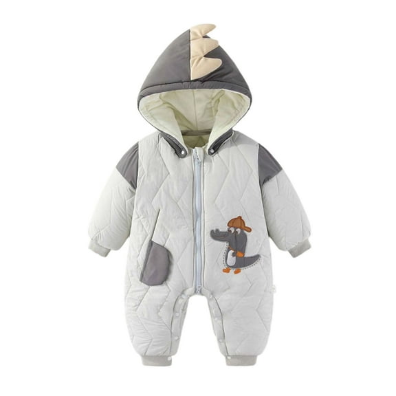 DHFJKG Toddler Snowsuits Quilted Padded Hooded Jumpsuits Long Sleeve Cartoon Dinosaur Embroidery Zipper Onesie Winter Comfort One-Pieces