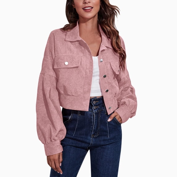 DHFJKG Jackets For Women Corduroy Crop Jacket Drop Shoulder Long Sleeve Collared Button Down Solid Color Shirt Autumn Winter Versatile Outerwear