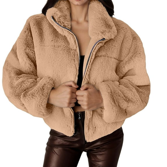 DHFJKG Jackets For Women Crop Top Fluffy Solid Color Long Sleeve Stand Collar Zip Up Jacket Outwear Trendy Outerwear