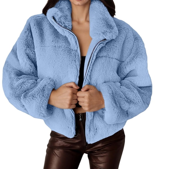 DHFJKG Jackets For Women Crop Top Fluffy Solid Color Long Sleeve Stand Collar Zip Up Jacket Outwear Versatile Outerwear