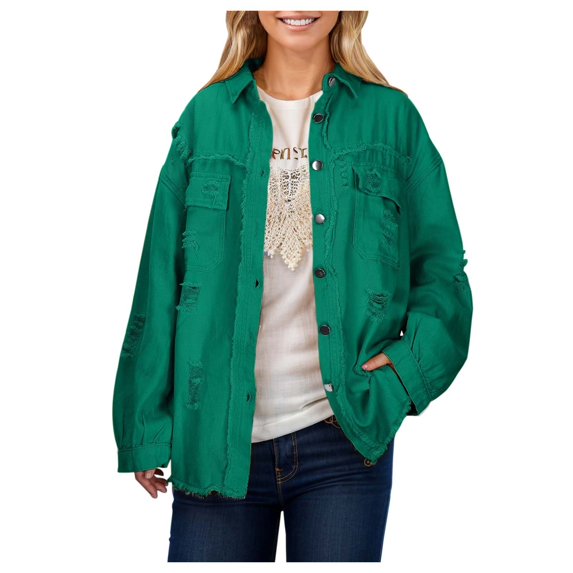 DHFJKG Jackets For Women Denim Jacket Distressed Ripped Solid Color Loose Fit Long Sleeve Button Down Casual Jean Coat Soft Outerwear