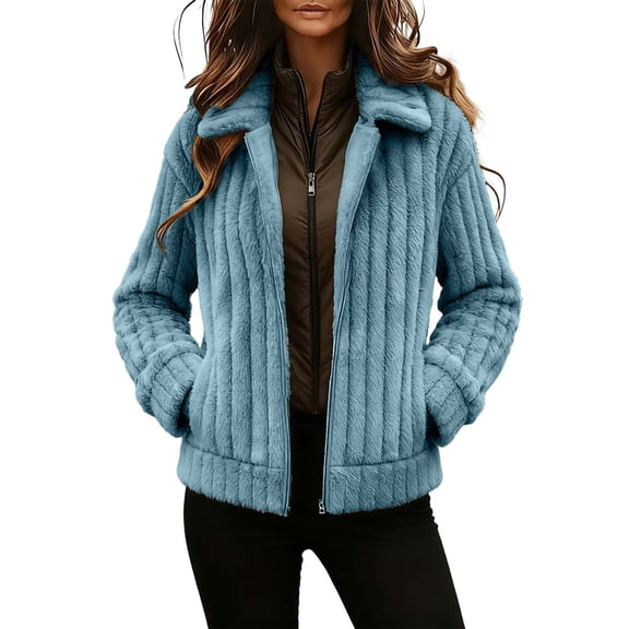 DHFJKG Jackets For Women Fluffy Long Sleeve Collared Solid Color Zip Up Jacket With Pockets Fuzzy Cozy Outerwear