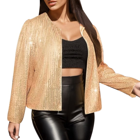 DHFJKG Jackets For Women Sparkly Sequined Cardigan Plus Size Open Front Long Sleeve Cropped Jacket Carnival Trendy Outerwear
