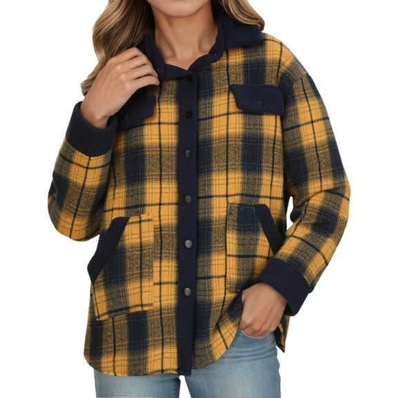 DHFJKG Jackets For Women Thermal Fuzzy Lining Turndown Collar Button Down Plaid Coat With Pockets Winter Classic Outerwear