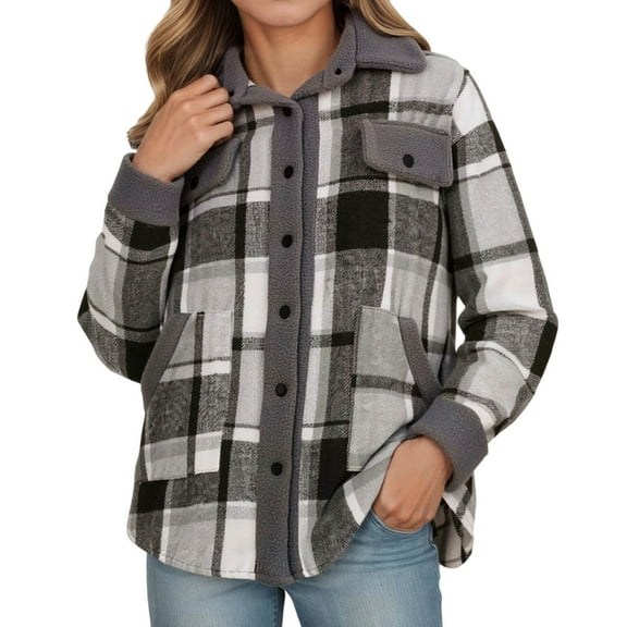 DHFJKG Jackets For Women Thermal Fuzzy Lining Turndown Collar Button Down Plaid Coat With Pockets Winter Cozy Outerwear