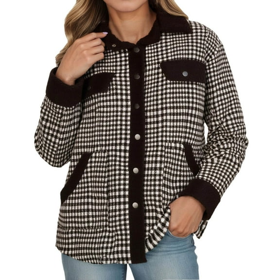 DHFJKG Jackets For Women Thermal Fuzzy Lining Turndown Collar Button Down Plaid Coat With Pockets Winter Versatile Outerwear