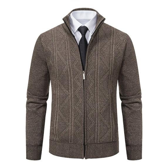 DHFJKG Jacquard Sweaters Zip Up Cardigan Mens Jacket Slim Fit Long Sleeve Stand Collar Knitted Business Casual Dress Sweater Coat With Pockets Winter Cozy Outerwear