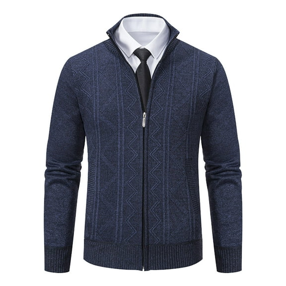DHFJKG Jacquard Sweaters Zip Up Cardigan Mens Jacket Slim Fit Long Sleeve Stand Collar Knitted Business Casual Dress Sweater Coat With Pockets Winter Leisure Outerwear