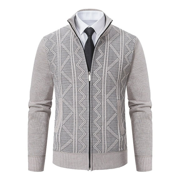 DHFJKG Jacquard Sweaters Zip Up Cardigan Mens Jacket Slim Fit Long Sleeve Stand Collar Knitted Business Casual Dress Sweater Coat With Pockets Winter Leisure Outerwear