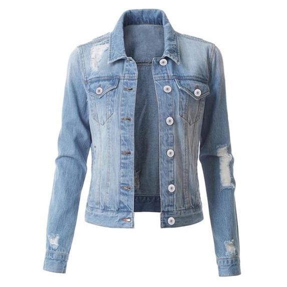 DHFJKG Jean Jacket For Women Denim Ripped Long Sleeve Slim Fit Button Down Lapel Solid Color Shirts Casual Daily Wear Comfort Outerwear