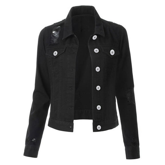 DHFJKG Jean Jacket For Women Denim Ripped Long Sleeve Slim Fit Button Down Lapel Solid Color Shirts Casual Daily Wear Stylish Outerwear