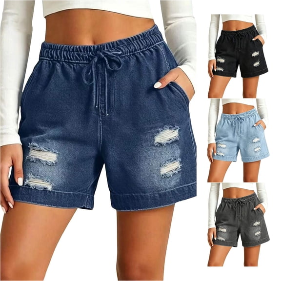 DHFJKG Jean Shorts For Women High Rise Stretchy Casual Elastic Waist Loose Fit Ripped Denim Shorts With Pockets Comfy Bottoms