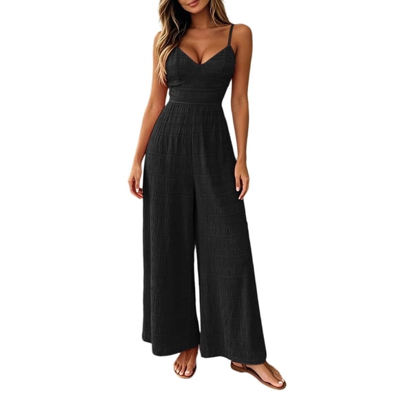 DHFJKG Jumpsuits For Women Elegant Summer Adjustable Straps V Neck Wide Leg Flowy Long Pant Rompers Beach Vacation Outfits