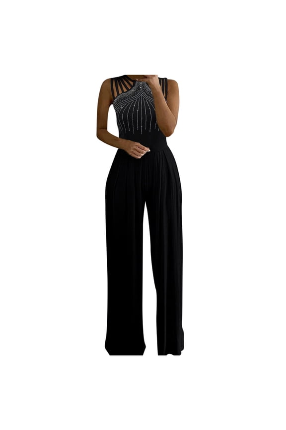 Jumpsuits For Women Glitter Rhinestone Hallow Out Crewneck Sleeveless Wide Leg Overall Long Pants One-Pieces Jumpsuit Trendy Onesie