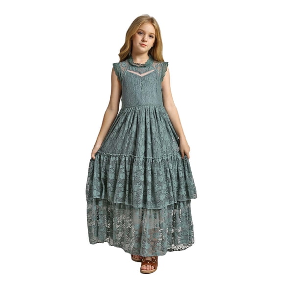 DHFJKG Kid Girls Lace Dresses Swing Flowy Tiered A-Line Ruffle Sleeve Solid Color Party Long Dress Size 3-14Y Comfortable Dresses