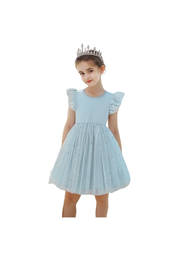 Kid Girls Shiny Princess Dress Sparkly Star Sequins Sleeveless Mesh Tutu Mini Dress Wedding Formal Party Prom Stylish Dresses
