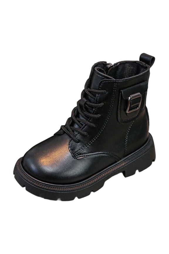 Kids Ankle Boots For Boys Girls Solid Color Round Toe Soft Sole Lace Up Booties With Side Zipper For Fall Winter Comfort Shoes