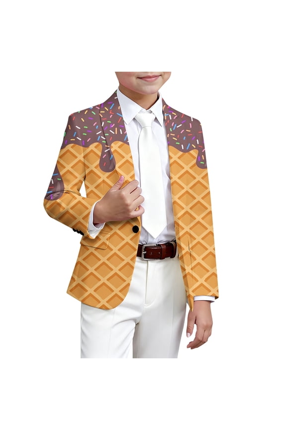 Kids Blazer Coat Boys Girls Funny Ice Print Long-Sleeve Button-Front Suit Jacket Slim-Fit Stretch Party Coat Size 3-14 Years