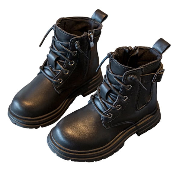 DHFJKG Kids Boots For Boys Girls Solid Color Round Toe Soft Sole Lace Up Ankle Booties With Side Zipper For Fall Winter Cozy Shoes