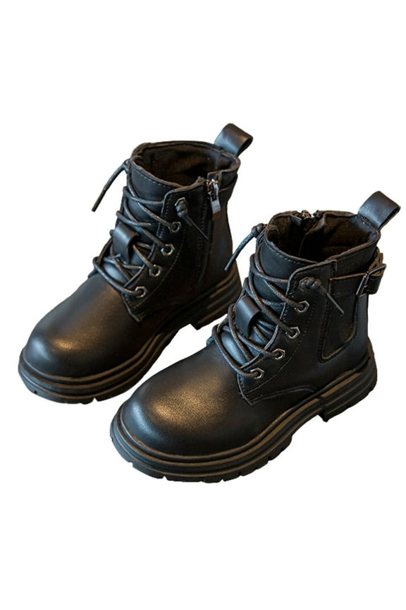 Kids Boots For Boys Girls Solid Color Round Toe Soft Sole Lace Up Ankle Booties With Side Zipper For Fall Winter Versatile Shoes