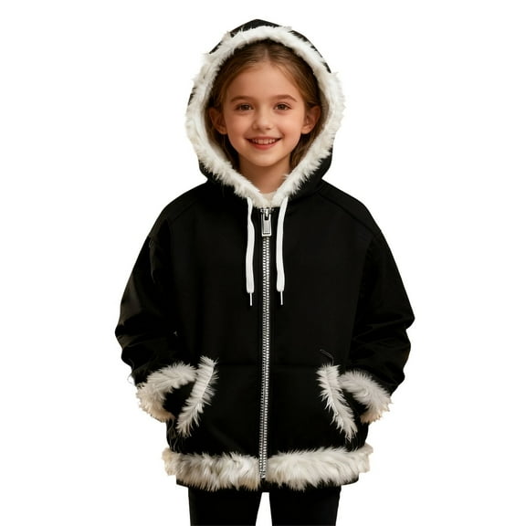 DHFJKG Kids Boy Girl Fuzzy Trim Zip Up Hoodies Jackets Long Sleeve Hooded Drawstring Sweatshirt Coat With Front Pockets For Daily Outdoor Wear Leisure Outerwear
