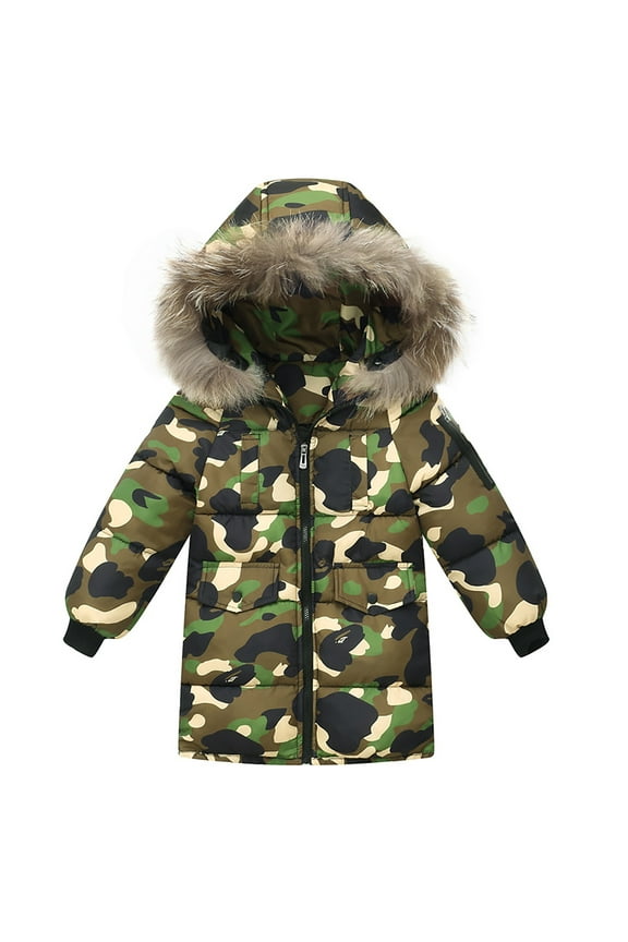 Kids Camo Puffer Coat Padded Hooded Jacket Windproof Waterproof Mediun Length Zipper Down Coat For Little Girls Boys Cozy Outerwear