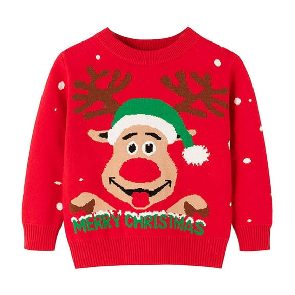 DHFJKG Kids Christmas Knit Sweater Reindeer Pattern Round Neck Long Sleeve Pullover Boys Girls Autumn Winter Soft Tops