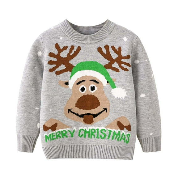 DHFJKG Kids Christmas Knit Sweater Reindeer Pattern Round Neck Long Sleeve Pullover Boys Girls Autumn Winter Soft Tops
