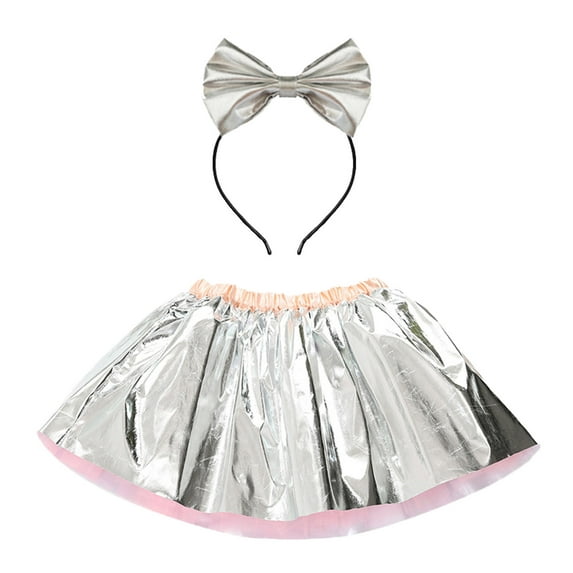 DHFJKG Kids Girls Glossy Ballet Skirts Party Dance Pleated Mini Skirt With Bow Hairband 2 Piece Set Carnival Stylish Skirt
