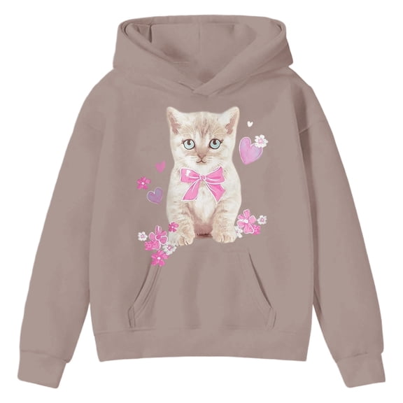 DHFJKG Kids Girls Hoodies Oversized Sweatshirts Cute Cat Printed Long Sleeve Hooded Pullover For Youth Toddler 2-13 Years Soft Trendy Tops