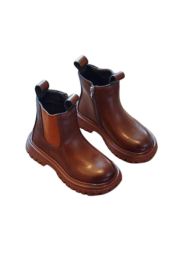 Kids Mid Calf Boots For Boys Girls Leather Solid Color Round Toe Soft Sole Booties With Side Zipper For Fall Winter Comfort Shoes