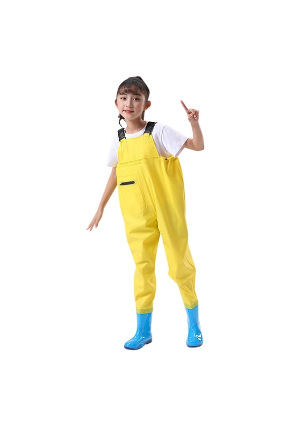 Kids Unisex Waterproof Overalls Adjustable Straps Rain Pants With Boots For Wading Fishing Water Activities 2-15 Years Practical Overall