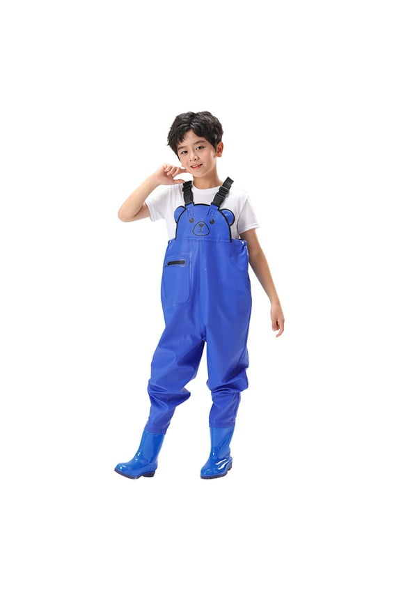 Kids Waterproof Overalls Animal Print Adjustable Straps Rain Pants With Boots For Wading Fishing Water Activities 2-15 Years Practical Overall