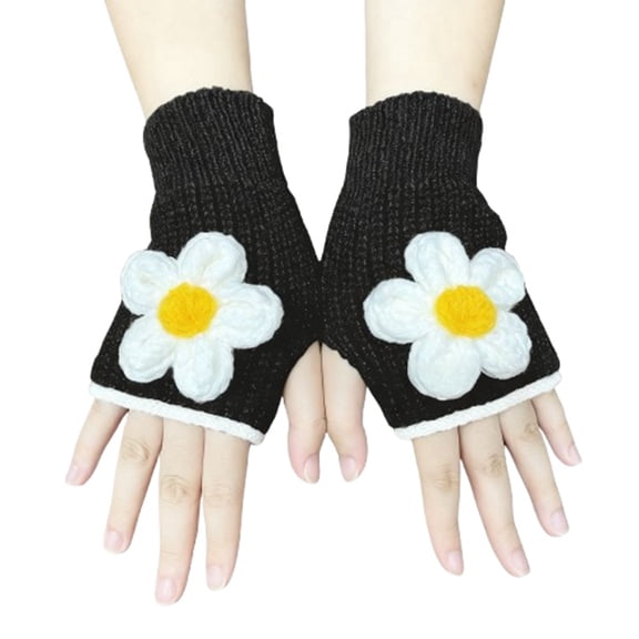 DHFJKG Knitted Fingerless Gloves For Women Thumb Hole Half Mittens With Floral Appliques Wrist Warmer Soft Mitten