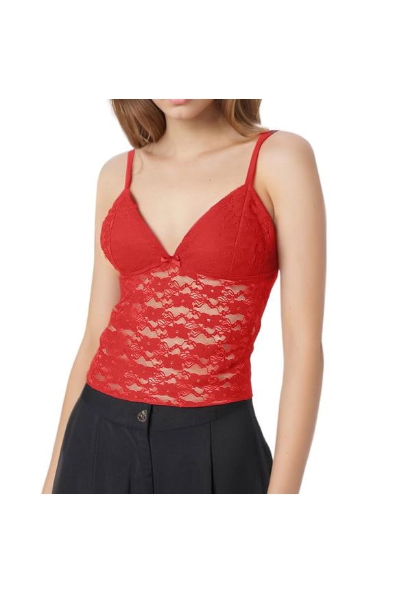Lace Camisole For Women Crop Tank Top Sexy Mesh Sheer Adjustable Spaghetti Strap Summer Nightclub Wear V Neck Trendy Tops