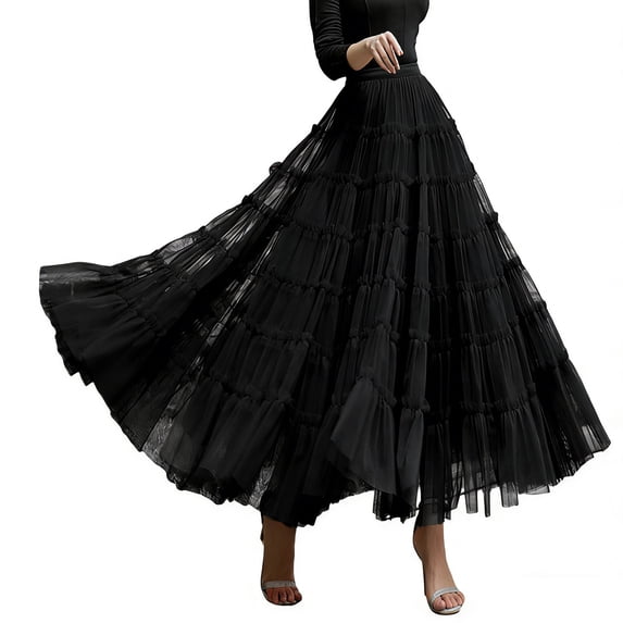 DHFJKG Layered Long Skirts For Women High Waist Flowy Mesh Party Dress Flared Ruffled Hem Solid Color Stylish Skirt