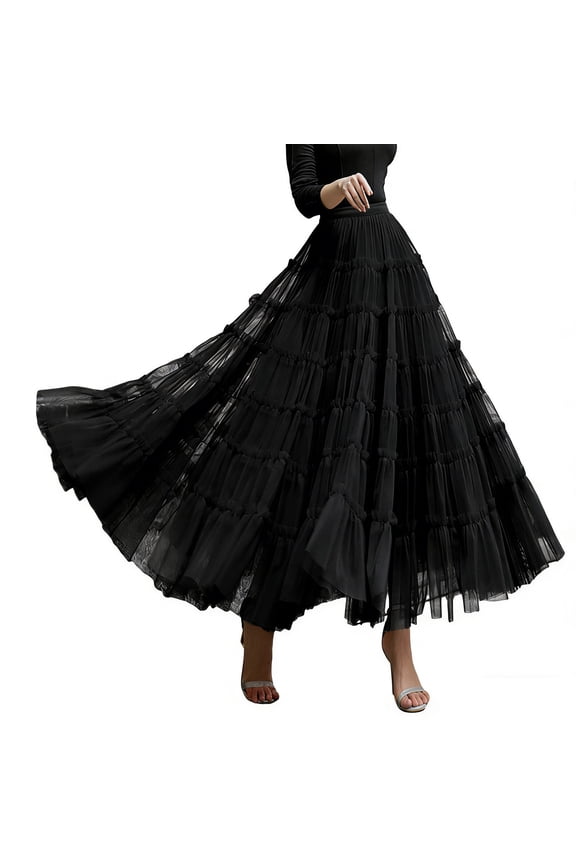 Layered Long Skirts For Women High Waist Flowy Mesh Party Dress Flared Ruffled Hem Solid Color Stylish Skirt