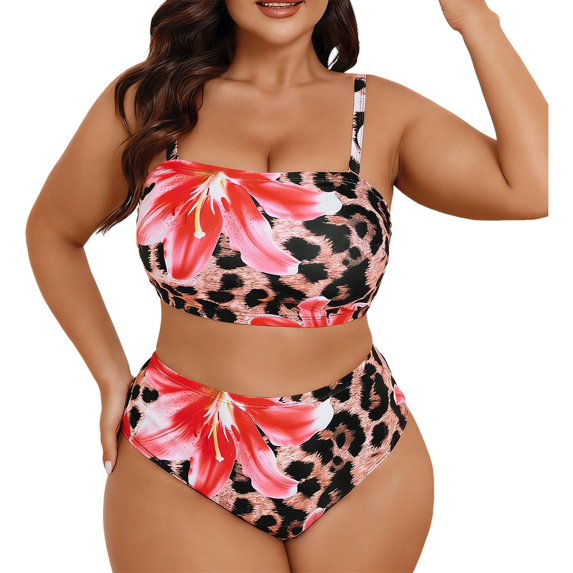 DHFJKG Leopard Bikini Swimsuit For Women Plus Size Detachable Straps Two Piece Bathing Suit Tummy Control Casual Beachwear