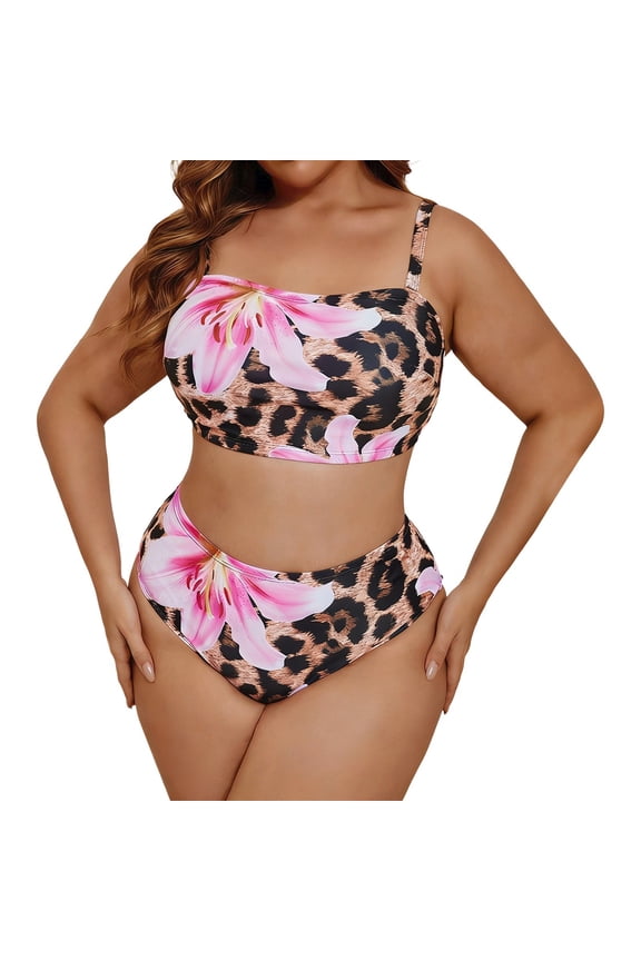 Leopard Bikini Swimsuit For Women Plus Size Detachable Straps Two Piece Bathing Suit Tummy Control Vacation Beachwear