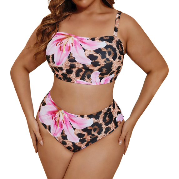 DHFJKG Leopard Bikini Swimsuit For Women Plus Size Detachable Straps Two Piece Bathing Suit Tummy Control Vacation Beachwear