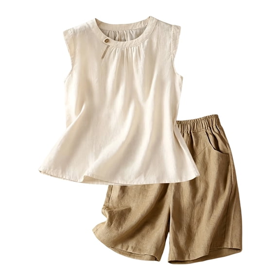 DHFJKG Linen 2 Piece Sets For Women Summer Outfits Relaxed Fit Sleeveless Crew Neck Loungewear Shorts Set Beach Clothes