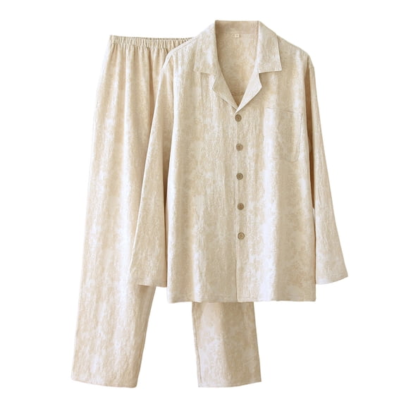 DHFJKG Linen Blend Lightweight Pajamas Set For Men Long Sleeve Turndown Collar Button Up Top Loose Fit Bottoms 2 Piece Sleepwear Classic Nightwear