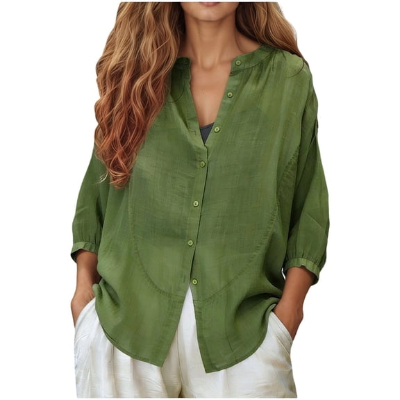 DHFJKG Linen Button Up Shirts Women 3/4 Sleeve Lightweight Summer Solid Color Basic Top Casual Blouses Beach Outfits Comfortable Tops