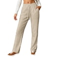 thumbnail image 1 of DHFJKG Linen Lightweight Beach Pants For Women Straight Leg Relaxed Fit Elastic Drawstring Trousers With Pockets Yoga Wear Versatile Trousers, 1 of 5