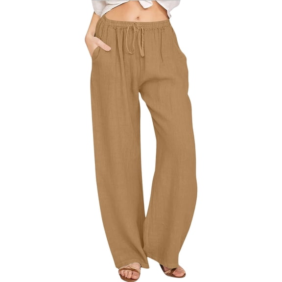 DHFJKG Linen Pants Women Drawstring Elastic Waist Wide Leg Flowy Palazzo Breathable Solid Color Summer Beach Versatile Trousers