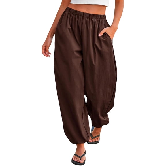 DHFJKG Linen Pants Women Elastic Waist Comfortable Soft Loose Fit Solid Color Ankle-Tied Pants With Pockets Stylish Trousers