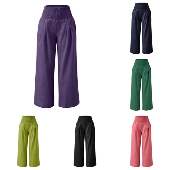 DHFJKG Linen Pants Women High Rise Smocked Waist Wide Leg Flowy Palazzo Summer Beach Vacation Loungewear Pants Stylish Trousers